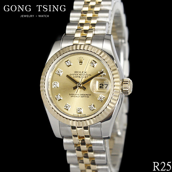 勞力士女錶     ROLEX 179173 半金女錶 包台十鑽金色面盤 26MM 五株錶帶 盒子 國內保卡