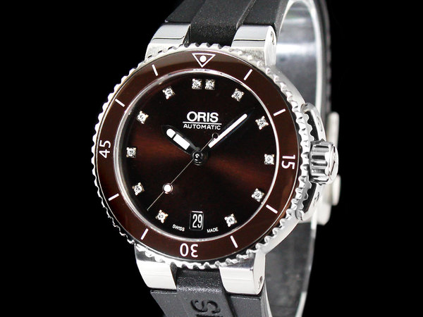 ORIS女錶   豪利時 Aquis 中型潛水錶 7652 咖啡色十鑽面盤 36mm SW200-1自動上鍊  單向旋轉外框 