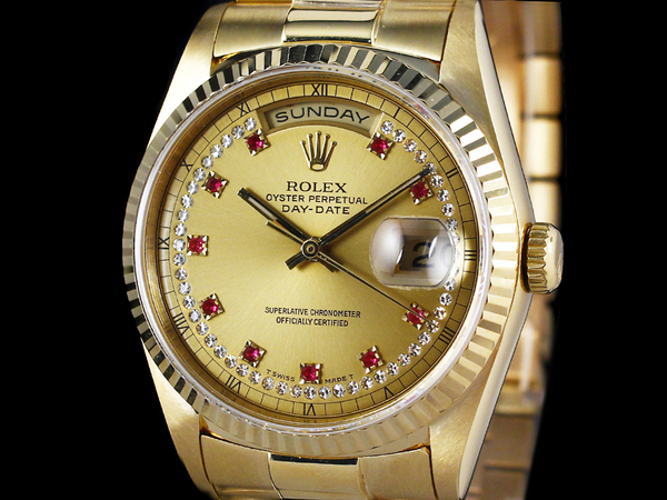 勞力士男錶  (ROLEX) 18238 原廠小紅寶多層鑽面盤 原廠黃K金錶殼