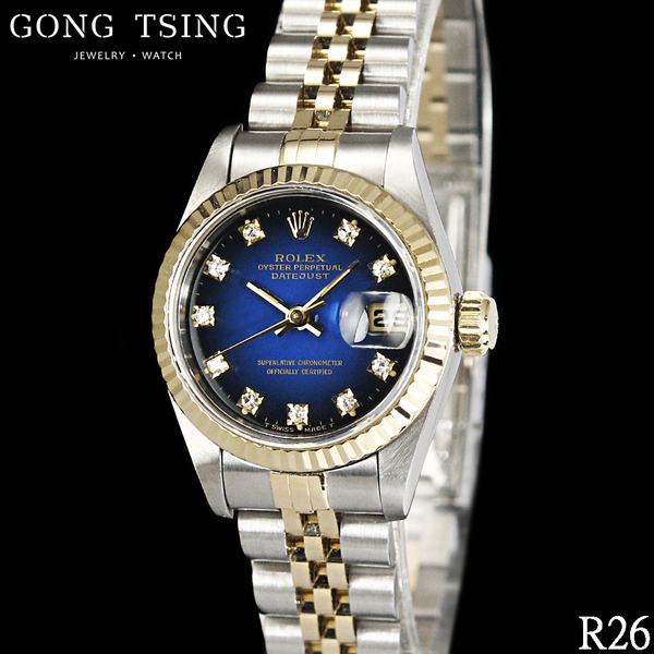 勞力士女錶     ROLEX 69173 半金女錶 26MM 原廠十鑽豹藍面盤 錶耳無洞 
