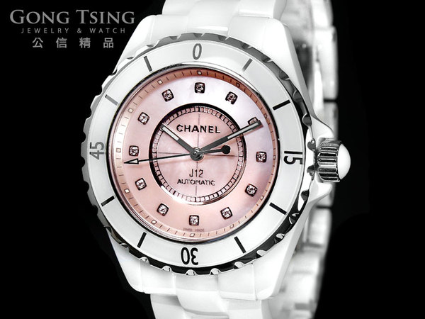 香奈兒女錶  (CHANEL) J12 白陶瓷 H5514 女錶 38mm 原廠粉紅珍珠母貝鑽石面盤 全新未使用品
