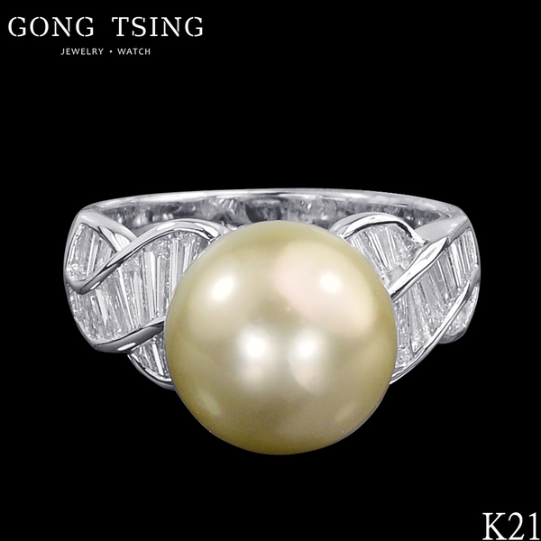 天然珍珠鑽戒  白K金 11.6MM 珍珠鑽石女戒指