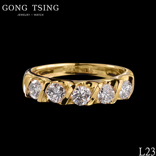 天然排鑽戒指  黃K金 共約0.74克拉 造型鑽戒