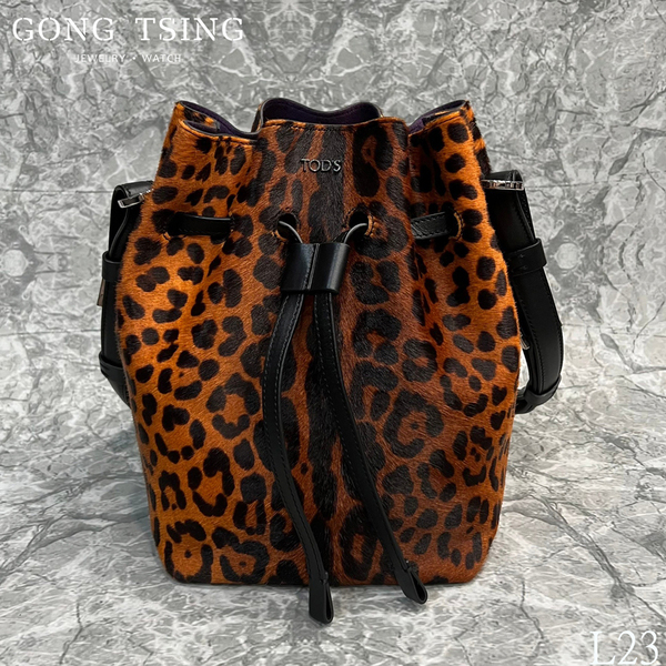 TOD'S水桶包  Wave Bucket Bag 豹紋 小牛皮 波浪般開口設計 皮革抽繩開合 2016秋冬款