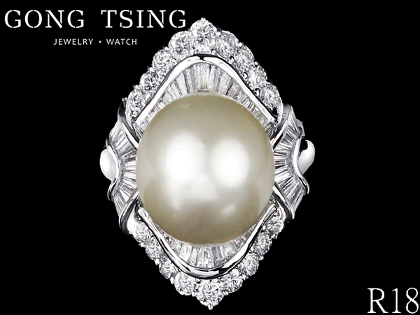 天然珍珠鑽戒  白K金珍珠女鑽石戒指 12MM (已下訂)