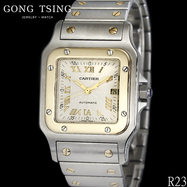 卡地亞錶      CARTIER 山度士 半金 2319  中型 金色小羅馬時標白色面盤 29mmX41mm 單錶