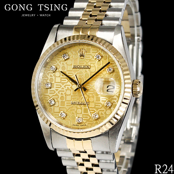 勞力士男錶     ROLEX 16233 金色包台十鑽紀念面盤 36MM 半金男錶 五珠錶帶 錶耳無洞