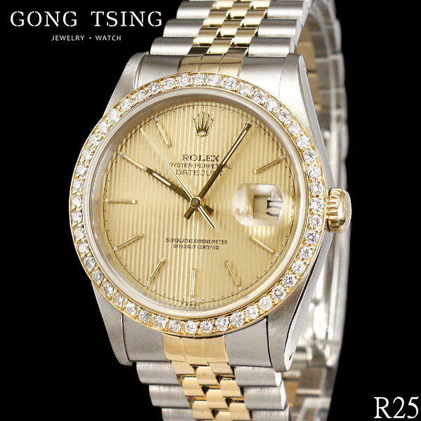 勞力士男錶     ROLEX 16233 金色釘字面盤 精鑲鑽石外框 半金男錶 36MM 3135自動上鍊