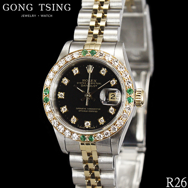 勞力士女錶     ROLEX 69173 半金女錶 精鑲黑色十鑽面盤 精鑲鑽圈 原廠盒子 國內保單