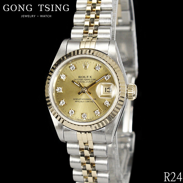 勞力士女錶     ROLEX 69173 半金女錶 26MM 金色十鑽面盤 台灣AD保單