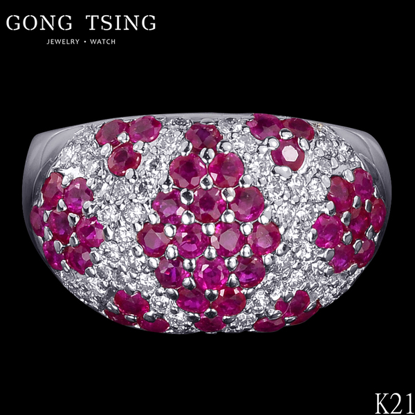 天然紅寶石鑽戒  白K金 共約2.85克拉 拼鑽 戒指 