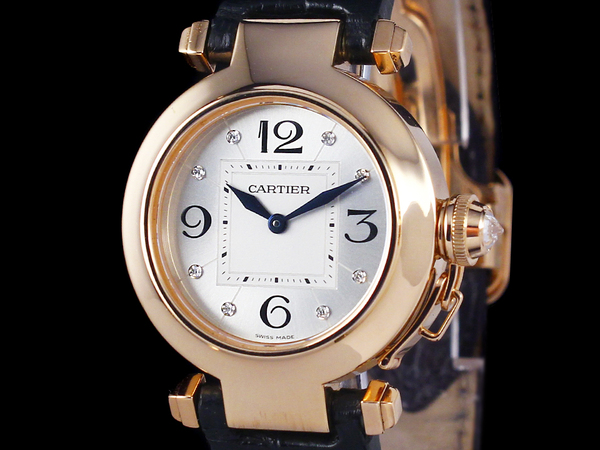 ※年終特賣※卡地亞女錶   CARTIER  Pasha系列(24812) 石英機芯 32mm  玫瑰金 材質 銀色八鑽面盤 錶冠鑽石護鎖