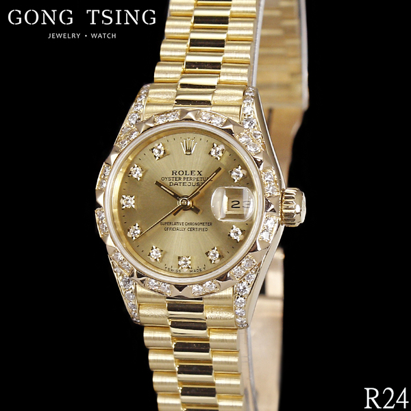 勞力士女錶     ROLEX  69178 紅蟳 黃K金女錶 原廠金色十鑽面盤 26MM 精鑲鑽圈鑽腳 附台灣AD保單 